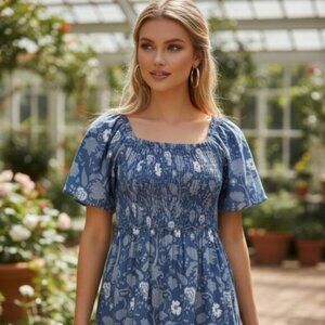 GRACE HOLIDAY Isla Dress L Smocked Pareo Blue Chambray Floral Tiered Midi
